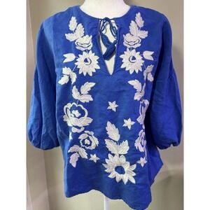 Gap Linen Blend Boho Floral Embroidered Peasant Top With Melon Sleeves Size L